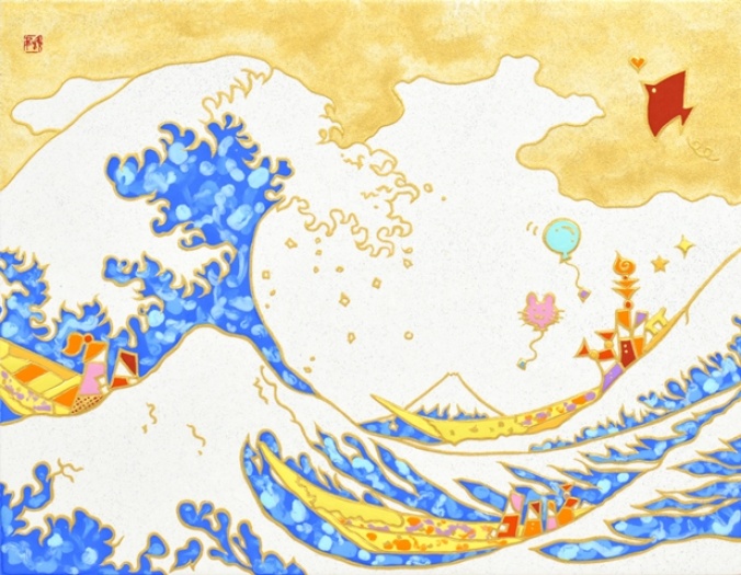 波と富士と群像図
