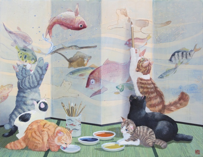 猫と海水魚屏風